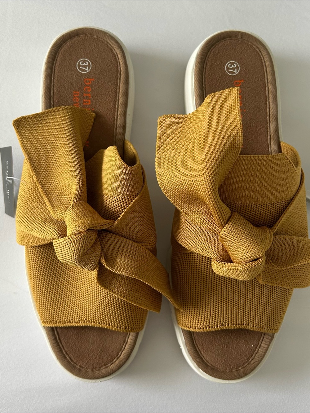 Bernie Mev. Yellow Knit Bow Slide Sandals